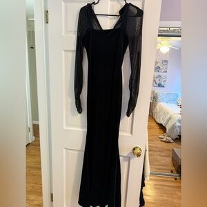 BLACK VELVET BODYCON SPLIT MAXI DRESS WITH SHEER SLEEVES from Club London